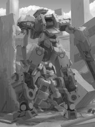 Rule 34 | absurdres, atsajh, building, fighting, from behind, greyscale, gun, highres, holding, holding gun, holding weapon, looking up, mecha, monochrome, no humans, one-eyed, original, robot, weapon, wreckage