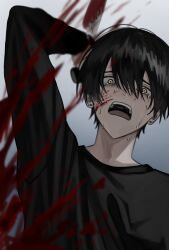 Rule 34 | 1boy, akanei6no sora, arm up, black hair, black shirt, blood, blood on face, blood splatter, bloody knife, crying, crying with eyes open, earrings, from below, gradient background, guro, highres, holding, holding knife, jewelry, knife, looking at viewer, male focus, open mouth, original, shirt, short hair, solo, stab, stud earrings, tearing up, tears, upper body, wide-eyed, yellow eyes
