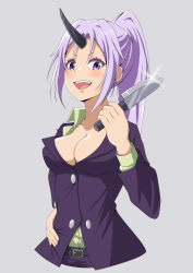 1girl, :d, absurdres, belt, belt buckle, black belt, blush, breasts, buckle, cleavage, collarbone, dress shirt, grey background, hair intakes, hand on hip, highres, holding, holding knife, horns, jacket, knife, long hair, long sleeves, looking at viewer, medium breasts, open mouth, pants, purple eyes, purple hair, purple jacket, purple pants, shiny, shiny hair, shion (tensei shitara slime datta ken), shirt, simple background, single horn, smile, solo, sparkle, standing, t.r, tensei shitara slime datta ken, yellow shirt