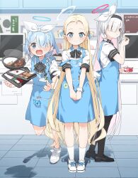 Rule 34 | 3girls, absurdres, angel&#039;s 24 uniform (blue archive), apron, arona (blue archive), bento, black bow, black bowtie, black footwear, black pantyhose, blonde hair, blue apron, blue archive, blue eyes, blue hair, blue halo, bow, bowtie, braid, collared shirt, colored inner hair, commentary, convenience store, curry, food, fruit, grey eyes, grey hair, hair over one eye, halo, highres, ice cream, indoors, long hair, multicolored hair, multiple girls, pantyhose, pink hair, plana (blue archive), polo shirt, red halo, rice, shirt, shoes, shop, short hair, short sleeves, single braid, socks, sora (blue archive), spilling, striped bow, striped bowtie, striped clothes, umeboshi, white footwear, white shirt, white socks, yukie (kusaka shi)