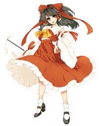 Rule 34 | 1girl, absurdres, bow, brown eyes, brown hair, detached sleeves, dress, female focus, gohei, hair bow, hakurei reimu, highres, japanese clothes, kyachi, mary janes, midriff, miko, navel, pepepo, shoes, solo, standing, touhou