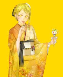 Rule 34 | 1girl, ayakami, bad id, bad pixiv id, blonde hair, candy, earrings, eating, food, furisode, hair ornament, highres, japanese clothes, jewelry, kimono, lollipop, long hair, looking at viewer, matching hair/eyes, nail polish, original, smile, solo, yellow background, yellow eyes, yellow nails, yellow theme