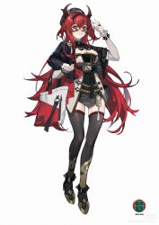 Rule 34 | 1girl, absurdres, alternate costume, arknights, bag, black dress, black jacket, black thighhighs, breasts, cleavage, cropped jacket, demon horns, dress, full body, highres, holding, holding bag, horns, jacket, long hair, looking at viewer, lushi jin up, open clothes, open jacket, red hair, small breasts, solo, standing, sunglasses, surtr (arknights), tachi-e, thighhighs, tinted eyewear, very long hair, yellow-tinted eyewear