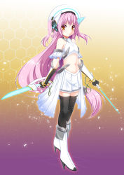 Rule 34 | 10s, 1girl, ange vierge, boots, character request, dual wielding, fujimi shobo, hat, highres, holding, long hair, low-tied long hair, magical girl, media factory, midriff, petite, pink hair, red eyes, shirasu youichi, solo, thighhighs, very long hair