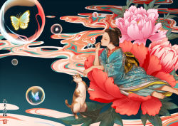 Rule 34 | 1girl, animal, black hair, bubble, blowing bubbles, bug, butterfly, calico, cat, flower, hair bun, insect, japanese clothes, june mina, kimono, leaf, original, pink flower, red flower, solo, wide shot