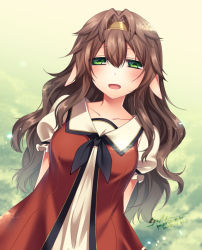 Rule 34 | 1girl, :d, black neckerchief, blush, brown hair, commentary request, dated, dress, ears down, forest of pixiv, green eyes, hair between eyes, hair intakes, hairband, head tilt, konshin, long hair, looking at viewer, neckerchief, open mouth, puffy short sleeves, puffy sleeves, red dress, short sleeves, signature, smile, solo