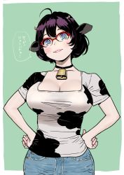 Rule 34 | 1girl, ahoge, animal ears, animal print, bell, blush, bra visible through clothes, breasts, cleavage, collarbone, cow, cow ears, cow girl, cow horns, cow print, cowboy shot, denim, glasses, green background, grin, hair between eyes, hands on own hips, head tilt, highres, horns, jeans, large breasts, lipstick, looking at viewer, makeup, neck bell, new year, original, outside border, pants, peco (pockleberry), print shirt, purple eyes, purple hair, red-framed eyewear, shirt, short hair, short sleeves, simple background, smile, solo, speech bubble, square neckline, t-shirt, taut clothes, taut shirt, tight clothes, tight shirt, translation request