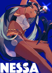 Rule 34 | 1girl, absurdres, armpits, belly chain, bike shorts, black hair, blue background, breasts, character name, commentary, creatures (company), dark-skinned female, dark skin, dive ball, dynamax band, earrings, eyelashes, game freak, gloves, grey eyes, highres, holding, holding poke ball, hoop earrings, jewelry, karin (nasi0402), long hair, medium breasts, multicolored hair, nessa (pokemon), nintendo, open mouth, partially fingerless gloves, poke ball, pokemon, pokemon swsh, single glove, solo, sports bra, symbol-only commentary, teeth, two-tone hair, upper teeth only