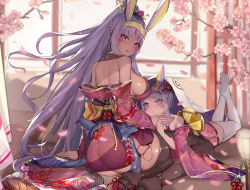 Rule 34 | 2girls, absurdres, aged down, animal ears, ass, back, bare shoulders, black legwear, blush, braid, breasts, cherry blossoms, commentary request, dark-skinned female, dark skin, dual persona, earrings, egyptian, facepaint, facial mark, fake animal ears, fate/grand order, fate (series), floral print, french braid, hair tubes, headband, high ponytail, highres, hoop earrings, jackal ears, japanese clothes, jewelry, kimono, large breasts, long hair, long sleeves, looking at viewer, looking back, multiple girls, nitocris (fate), obi, off shoulder, open mouth, purple eyes, purple hair, purple kimono, revision, sash, seiza, sherryqq, sideboob, sidelocks, sitting, thighhighs, thighs, white legwear, wide sleeves