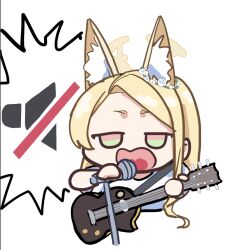 Rule 34 | 1girl, alternate costume, animal ears, aoyamapink, blonde hair, blue archive, cruciform halo, electric guitar, flower wreath, forehead, fox ears, gradient eyes, guitar, halo, holding, holding guitar, holding instrument, holding microphone, instrument, microphone, multicolored eyes, music, mute speaker sign, open mouth, screaming, seia (blue archive), singing, upper body, white background