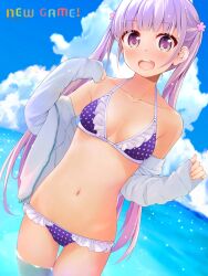 1girl bikini blue_sky border breasts chuutaro_metal cloud collarbone cowboy_shot frilled_bikini frills jacket long_hair lowleg lowleg_bikini new_game! open_clothes open_jacket open_mouth purple_bikini purple_eyes purple_hair round_teeth sky small_breasts smile solo suzukaze_aoba swimsuit teeth thigh_gap twintails upper_teeth_only w_arms white_border white_jacket