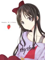Rule 34 | 1girl, akiyama mio, blue eyes, bow, closed mouth, clothes writing, commentary request, dated, hair bow, hair ornament, happy birthday, k-on!, kuroshima nana, long hair, looking at viewer, pants, purple shirt, red bow, red pants, shirt, simple background, solo, white background