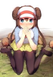 Rule 34 | 10s, 1girl, aqua eyes, artist name, black pantyhose, blush, brown hair, covering own mouth, creatures (company), diglett, double bun, female focus, from above, game freak, gen 1 pokemon, grass, hair bun, hands on own face, hat, heart, heart-shaped pupils, highres, kimoshi, long hair, looking at viewer, nintendo, outdoors, pantyhose, pantyhose under shorts, pokemon, pokemon (creature), pokemon bw2, raglan sleeves, rosa (pokemon), shorts, sitting, skirt, solo, symbol-shaped pupils, twintails, very long hair, visor cap, wariza