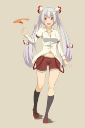 Rule 34 | 1girl, alternate hairstyle, fire, fujiwara no mokou, hair ribbon, haseneko, long hair, looking at viewer, magic, mary janes, navel, open mouth, overalls, red eyes, ribbon, shoes, shorts, solo, touhou, twintails, very long hair, white hair
