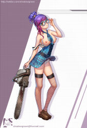 Rule 34 | 1girl, adjusting eyewear, angry, bad id, bad pixiv id, blush, breasts, brown eyes, chainsaw, closed mouth, clothes lift, collarbone, artistic error, fishnets, full body, glasses, gradient hair, highres, large breasts, loafers, looking at viewer, medium hair, multicolored hair, necktie, nipples, off shoulder, original, panties, pleated skirt, purple hair, shadowgrave, shoes, skirt, skirt lift, solo, standing, thighhighs, underwear, watermark, web address, white panties