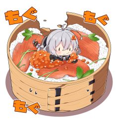Rule 34 | 1girl, :t, antenna hair, bamboo steamer, black dress, black jacket, braid, breasts, brown eyes, closed mouth, commentary request, dress, eating, food, food request, grey hair, hair between eyes, highres, in food, jacket, kizuna akari, large breasts, long hair, long sleeves, milkpanda, mini person, minigirl, motion lines, puffy cheeks, puffy long sleeves, puffy sleeves, rice, shadow, shirt, simple background, solid oval eyes, solo, sweat, translation request, very long hair, voiceroid, wavy mouth, white background, white shirt