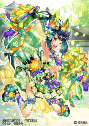 Rule 34 | ;d, arm up, armpits, black hair, breasts, brown eyes, copyright name, day, detached sleeves, green skirt, jumping, midair, official art, one eye closed, open mouth, outdoors, pom pom (cheerleading), see-through, sengoku taisen, skirt, small breasts, smile, solo, tassel, underboob, wide sleeves, yonetuki