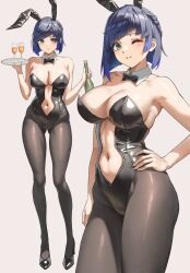 Rule 34 | 1girl, alternate costume, anteiru, black bow, black bowtie, black leotard, blue hair, bottle, bow, bowtie, breasts, clothing cutout, cup, detached collar, drinking glass, genshin impact, green eyes, hand on own hip, highres, holding, holding bottle, holding tray, large breasts, leotard, multiple views, navel, navel cutout, one eye closed, pantyhose, parted lips, playboy bunny, short hair, tray, yelan (genshin impact)