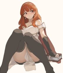 Rule 34 | 1girl, ahonoko, armor, bare shoulders, black gloves, blunt bangs, blush, book, breasts, cape, celica (fire emblem), commentary request, dress, earrings, fingerless gloves, fire emblem, fire emblem echoes: shadows of valentia, gloves, hairband, jewelry, knees together feet apart, large breasts, long hair, nintendo, pelvic curtain, red eyes, red hair, solo, thighhighs, thighs, tiara