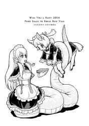 Rule 34 | 10s, 2014, 2girls, animal ears, apron, no arms, capelet, carrot, centaur, disembodied limb, english text, fangs, forked tongue, greyscale, happy new year, horse ears, kensaint, lamia, long hair, long tongue, maid, maid apron, maid headdress, monochrome, monster girl, multiple girls, multiple legs, new year, no arms, open mouth, original, pointy ears, ponytail, scales, shadow, slit pupils, taur, tongue, tongue out
