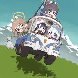 Rule 34 | 4girls, @ @, alternate costume, animal ears, black hair, blue archive, brown eyes, brown hair, cheenack, chibi, commentary, day, driving, fake animal ears, glasses, halo, hat, leaf, leaf on head, long hair, long sleeves, miyako (blue archive), miyu (blue archive), moe (blue archive), motor vehicle, mountain, multiple girls, one eye closed, one side up, open mouth, outdoors, purple hair, rabbit ears, rabbit platoon (blue archive), round eyewear, saki (blue archive), short hair, sky, smoke, symbol-only commentary, van, white hat