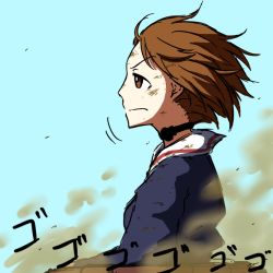 Rule 34 | 10s, 1girl, blue jacket, brown eyes, brown hair, comic, dust cloud, girls und panzer, jacket, long sleeves, looking to the side, military, military uniform, nishizumi miho, noumen, short hair, solo, throat microphone, uniform