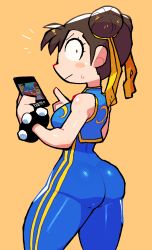 Rule 34 | 1girl, ass, blush stickers, breasts, brown hair, capcom, cellphone, check translation, chun-li, crop top, double bun, hair bun, hair ribbon, hand on own hip, highres, large breasts, m. bison, official alternate costume, phone, rariatto (ganguri), ribbon, simple background, sleeveless, smartphone, smile, street fighter, street fighter zero (series), studded bracelet, sweatdrop, translated, translation request, yellow ribbon