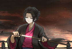 Rule 34 | 1girl, black hair, closed mouth, cloud, cloudy sky, commentary request, emma the gentle blade, facing viewer, half-closed eyes, highres, holding, holding sword, holding weapon, japanese clothes, katana, kimono, long sleeves, looking down, outdoors, pink kimono, red sky, sekiro: shadows die twice, sheath, shimoda masaya, short hair, sky, solo, sword, unsheathing, updo, upper body, weapon, wide sleeves