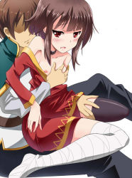 Rule 34 | 1boy, 1girl, bandaged leg, bandages, breasts, brown hair, capelet, collar, dress, faceless, faceless male, green capelet, groping, hand on another&#039;s chest, hand on another&#039;s thigh, hetare, kono subarashii sekai ni shukufuku wo!, megumin, red dress, red eyes, satou kazuma, shirt, shy, single thighhigh, sitting, sitting on lap, sitting on person, small breasts, tagme, thighhighs, white background, white shirt