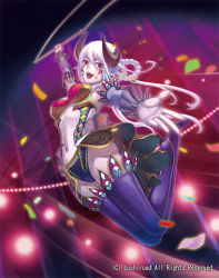 Rule 34 | 10s, boots, cardfight!! vanguard, circus tent, detached sleeves, leotard, looking at viewer, lowres, midriff, pale moon, purple trapezist, red eyes, thigh boots, thighhighs, white hair