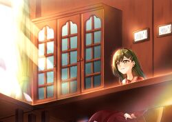 Rule 34 | 1girl, blush, brown dress, cabinet, commentary, curtains, dress, dress grab, from below, frown, green hair, hair ornament, hairclip, hasu no sora school uniform, highres, in-universe location, ixianim, light particles, link! like! love live!, long hair, long sleeves, love live!, medium dress, on chair, oogami sachi, pleated dress, sad, sailor collar, sailor dress, school uniform, sitting, solo, straight hair, swept bangs, table, tearing up, unfinished, white sailor collar, window, winter uniform, yellow eyes