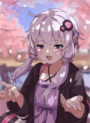 Rule 34 | 1girl, blurry, blurry background, blush, cherry blossoms, day, dress, hair ornament, hands up, hidaka ui, highres, jacket, long hair, long sleeves, open clothes, open jacket, open mouth, outdoors, petals, purple dress, purple eyes, purple hair, short hair with long locks, solo, spring (season), upper body, vocaloid, voiceroid, yuzuki yukari