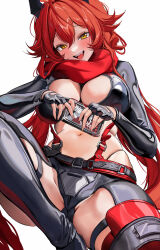 Rule 34 | 1girl, :d, bikini, black footwear, black gloves, black jacket, black pants, blush, boots, breasts, cleavage, commentary, crotch plate, fang, fingerless gloves, gloves, goddess of victory: nikke, groin, hair between eyes, head tilt, highres, hip vent, horns, jacket, large breasts, laughing, leather, leather jacket, long hair, looking at viewer, mechanical horns, messy hair, mikan03 26, navel, open mouth, pants, red hair, red hood (nikke), red scarf, scarf, sidelocks, simple background, sitting, skindentation, smile, smirk, solo, spread legs, stomach, suspenders, swimsuit, teeth, tongue, unzipped, upper teeth only, very long hair, white background, yellow eyes