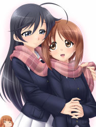 Rule 34 | 10s, 3girls, ahoge, bad id, bad pixiv id, black hair, blue eyes, brown eyes, brown hair, eye contact, girls und panzer, highres, holding hands, isuzu hana, jealous, long hair, looking at another, maeda r44, multiple girls, nishizumi miho, scarf, school uniform, shared clothes, shared scarf, short hair, simple background, smile, takebe saori, white background, yuri