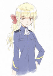 Rule 34 | 1girl, agahari, alternate hairstyle, blonde hair, blush, bow, female focus, hair bow, hand on own hip, hip focus, long hair, military, military uniform, no eyewear, perrine h. clostermann, ponytail, solo, strike witches, uniform, white background, world witches series, yellow eyes