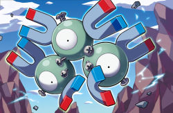 Rule 34 | black eyes, blue sky, cloud, cloudy sky, creature, creatures (company), day, electricity, floating, full body, game freak, gen 1 pokemon, kirisaki (gin16k), looking at viewer, magnet, magneton, nintendo, no humans, official art, pokemon, pokemon (creature), pokemon tcg, rock, screw, sky, solo, third-party source