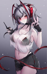 Rule 34 | absurdres, alternate costume, antenna hair, arknights, bare arms, bare shoulders, bikini, black bikini, black choker, black gloves, black hair, black shorts, breasts, choker, cleavage, collarbone, cowboy shot, crop top, demon girl, demon horns, demon tail, detonator, fingerless gloves, gloves, gradient background, gradient hair, grey background, grey hair, highres, holding, horns, large breasts, long hair, looking at viewer, multicolored hair, navel, open fly, orange eyes, parted lips, qinshi-ji, red hair, see-through, shirt, short shorts, shorts, smile, stomach, sweat, swimsuit, tail, tank top, w (arknights), wet, wet clothes, wet shirt, white shirt