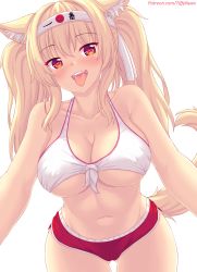 Rule 34 | 1girl, animal ear fluff, animal ears, bare arms, bare shoulders, blonde hair, blush, breasts, cat ears, cleavage, collarbone, covered erect nipples, gluteal fold, headband, heart, heart-shaped pupils, highres, large breasts, long hair, looking at viewer, navel, nottytiffy, open mouth, original, patreon username, red eyes, red shorts, rising sun flag, saliva, short shorts, shorts, sidelocks, simple background, sleeveless, smile, solo, sunburst, symbol-shaped pupils, tail, tiffy (nottytiffy), tongue, tongue out, twintails, underboob, white background