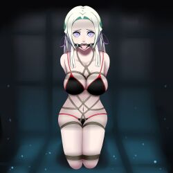 Rule 34 | 1girl, bare shoulders, bdsm, black background, black panties, blue eyes, blush, bondage, bound, breasts, brown rope, cleavage, collarbone, dankestofdans, edelgard von hresvelg, eyeliner, female focus, fire emblem, fire emblem: three houses, gag, gagged, green background, hair ornament, hair ribbon, highres, intelligent systems, kneeling, large breasts, lips, long hair, makeup, navel, nintendo, o-ring, panties, pink lips, purple ribbon, red trim, ribbon, ring gag, rope, shiny clothes, shiny skin, sideboob, solo, teeth, thick thighs, thighs, tongue, tongue out, underwear, underwear only, upper teeth only, white hair