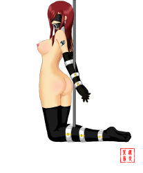 Rule 34 | 1girl, arms behind back, ass, bdsm, belt, belt bondage, black blindfold, black gloves, blindfold, bondage, bound, bound arms, bound legs, breasts, collar, earrings, elbow gloves, erza scarlet, fairy tail, female focus, full body, functionally nude, gag, gagged, gloves, highres, jewelry, kneeling, long glove, long hair, nipples, nude, plug gag, pole, red hair, simple background, solo, source request, tattoo, thighhighs, white background
