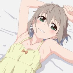 Rule 34 | 1girl, armpits, bare shoulders, bed sheet, close-up, collarbone, commentary request, flat chest, green eyes, grey hair, hair between eyes, looking at viewer, lying, nightgown, on back, short hair, sleeveless, smile, solo, upper body, yama no susume, ykr (youkiri), yukimura aoi