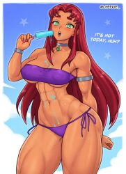 1girl bandeau bikini blush bracelet breasts cheekie choker colored_sclera colored_skin covered_erect_nipples dc_comics female_focus food green_eyes green_sclera highres ice_cream jewelry long_hair looking_at_viewer medium_breasts muscular muscular_female nail_polish navel orange_skin red_hair solo starfire swimsuit teen_titans thick_thighs thighs underboob wide_hips