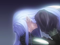 Rule 34 | 00s, 1girl, blue hair, covered eyes, crying, dark, elf, fate/hollow ataraxia, fate/stay night, fate (series), from side, game cg, interlocked fingers, long hair, medea (fate), own hands together, pointy ears, solo, takeuchi takashi, tears