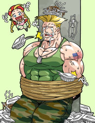 Rule 34 | 1990s (style), 1boy, 1girl, bad id, bad pixiv id, bdsm, beret, blonde hair, blue eyes, bondage, bound, bound torso, bowl, cammy white, capcom, chibi, chopsticks, crying, doboshiru, dog tags, fighting game, food, guile, hat, long hair, nattou, retro artstyle, rope, short hair, smell, smile, street fighter, street fighter ii (series), tied up (nonsexual), torture, twintails