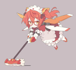 Rule 34 | 1girl, apron, blade (galaxist), boots, brown eyes, character request, commentary request, desktop army, dress, flying, glasses, gloves, grey background, hair between eyes, holding, long hair, looking at viewer, maid, maid apron, maid day, maid headdress, mop, orange hair, puffy short sleeves, puffy sleeves, red-framed eyewear, red dress, shadow, short sleeves, solo, twintails, white apron, white footwear, white gloves, wings