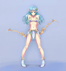 Rule 34 | 1girl, atomix, blue eyes, blue hair, bow (weapon), breasts, elf, legs, long hair, matching hair/eyes, medium breasts, o-ring, o-ring top, original, pointy ears, solo, standing, weapon