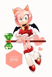 Rule 34 | 1girl, adapted costume, amy rose, animal ears, animal nose, artist name, bare shoulders, bat wings, black gloves, black tank top, blush, boots, closed mouth, commentary, elbow gloves, english commentary, eyelashes, flying, furry, furry female, gloves, green eyes, hammer, heart, hedgehog ears, hedgehog girl, high heels, holding, holding hammer, holding weapon, looking at viewer, pink fur, red skirt, simple background, skirt, smile, solo, sonic (series), sucho, tank top, weapon, white background, white footwear, wings