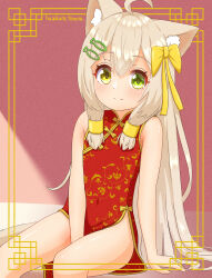 Rule 34 | 1girl, absurdres, ahoge, animal ear fluff, animal ears, arm at side, arm support, artist name, bare shoulders, between legs, blonde hair, blush, border, bow, cat ears, cat girl, cat tail, china dress, chinese clothes, closed mouth, covered navel, dress, female focus, fish hair ornament, floral print, green eyes, hair bow, hair ornament, hairclip, hand between legs, happy, hazakura hinata, heterochromia, highres, long hair, looking at viewer, original, outside border, pelvic curtain, red background, red dress, shiny skin, sidelocks, signature, sitting, sleeveless, sleeveless dress, smile, solo, split mouth, tail, thighs, yellow border, yellow bow, yellow eyes