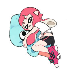 Rule 34 | 1girl, bad id, bad pixiv id, bike shorts, blush, character pillow, full body, hugging object, inkling, inkling girl, inkling player character, nintendo, parted lips, pillow, pillow hug, pointy ears, shirt, shoelaces, shoes, short hair with long locks, short sleeves, sleeping, smile, sneakers, solo, splatoon (series), splatoon 1, squid, t-shirt, tentacle hair, white background, white shirt, yoshida (yooosida)