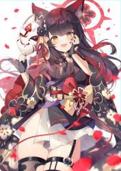 Rule 34 | 1girl, animal ear fluff, animal ears, asymmetrical bangs, black gloves, black hair, black kimono, blue archive, blush, breasts, fingerless gloves, floral print, flower, fox ears, fox girl, fox mask, fox tail, gloves, halo, hat, hat flower, highres, homaderi, japanese clothes, kimono, long hair, long sleeves, looking at viewer, mask, medium breasts, miniskirt, multicolored hair, obi, open mouth, red hair, sash, single thighhigh, skirt, smile, solo, tail, thigh strap, thighhighs, thighs, two-tone hair, wakamo (blue archive), wide sleeves, yellow eyes
